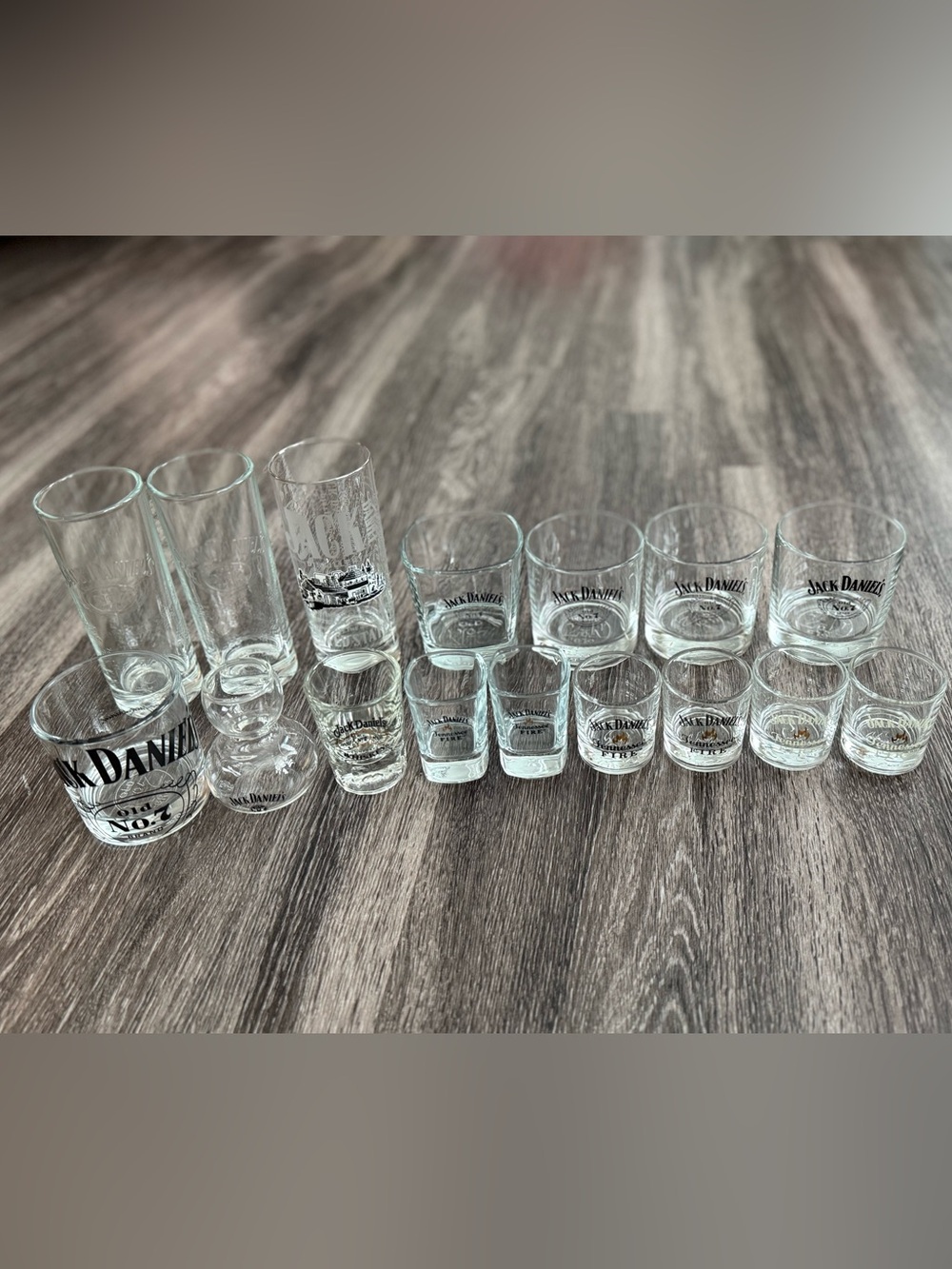 Lot of Jack Daniels shot glasses and whiskey/sipping glasses